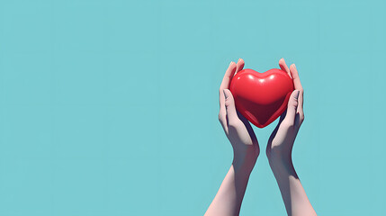 First person top view photo of female hands cradling a red heart on a pastel blue background