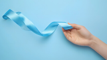 First person top view photo of male hand holding blue silk ribbon in palm symbol of prostate cancer awareness