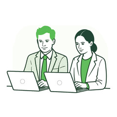 Man and Woman in Green Suits Working on Laptops Together computers