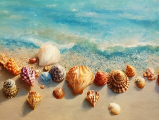 Various seashells scattered on the beach with ocean waves in the background in an artistic painting
