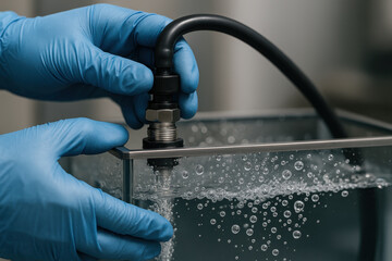 Gloved hands adjusting filter in aquarium with bubbles indicating water circulation