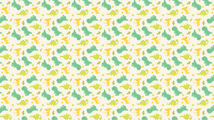 A repeating pattern of green and yellow cartoon dinosaurs with small cacti on a cream colored background