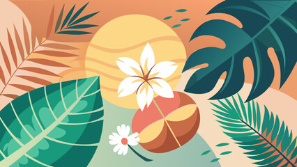 Naklejka premium Illustration featuring tropical leaves, flowers, and abstract shapes in a warm color palette