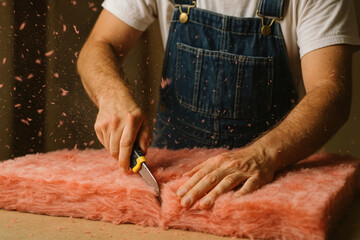 Craftsman cutting soft pink furry material with precision in workshop