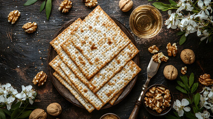 Flat lay composition of matzah, walnuts, a nutcracker, flowers, and a glass, symbolizing a relaxed Passover atmosphere