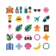 Flat Vacation and Travel Icon Set with Summer Essentials and Tropical Elements