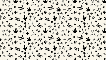 Seamless pattern of black dinosaur footprints on a white background in a repeating design style © Decent Discoveries