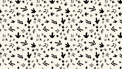 Fotobehang Dinosaurussen Seamless pattern of black dinosaur footprints on a white background in a repeating design style  © Decent Discoveries