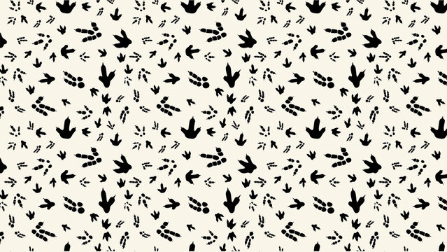 Seamless pattern of black dinosaur footprints on a white background in a repeating design style