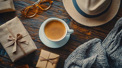 Flat lay image featuring a coffee cup, glasses, gift box, hat, and retro items celebrating fathers or men with gifting themes