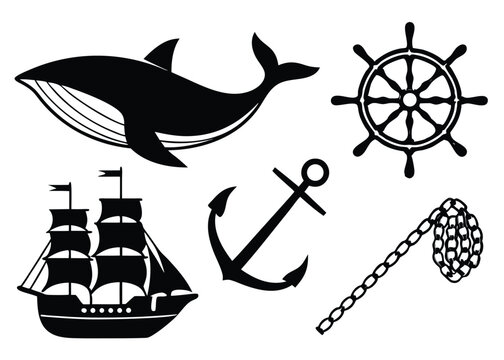Black and white nautical elements including a whale ship wheel and anchor on a white background