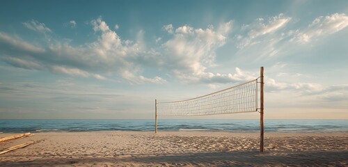 A beach volleyball net stands on the sand under a cloudy sky near the ocean horizon view outdoor