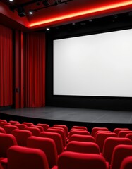 create a modern cinema mock up template with a hyper realistic style, featuring a blank screen on the left and red seats on the right