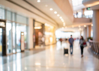 Dynamic abstract image of a shopping complex, with warm light and blurred human activity