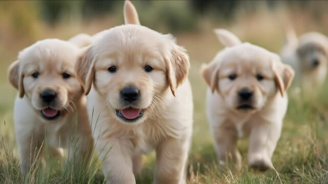 Three Adorable Golden Retriever Puppies Happily Run Towards the Camera in a Grassy Field