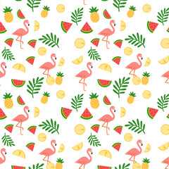 Seamless vector fruit pattern with cute apples, pears, and strawberries for summer food illustration design