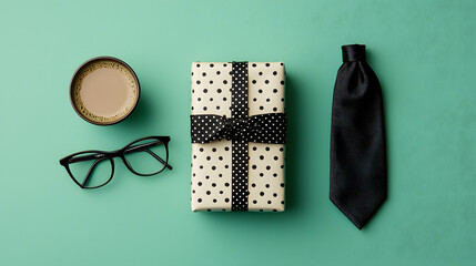 Flat lay vertical composition of a wrapped Father's Day gift, black polka-dot tie, coffee, and glasses against a green background