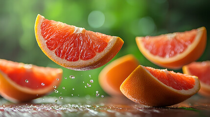Floating vertical sliced grapefruits on a green background, showcasing freshness and health benefits