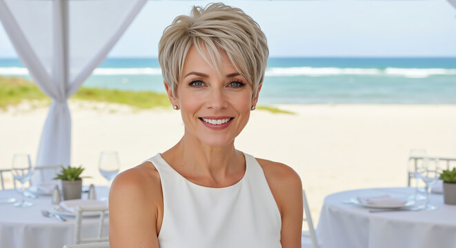 Smiling mature woman with a chic short blonde layered hairstyle, white top, at a beachside venue. Elegant confidence for lifestyle, anti-aging beauty, or mature hair care promotions
