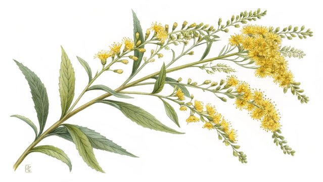 Detailed botanical illustration of a goldenrod plant with yellow flowers and green leaves