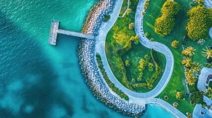 Aerial view of waterfront park with pier