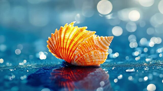 Orange seashell resting on wet blue surface reflecting droplets of water, Wet orange and white seashell on green surface with water droplets
