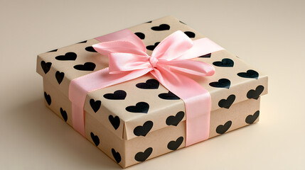 Gift box with pink ribbon on a plain beige background, featuring a heart-patterned wrapping, ideal for celebrations