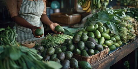 Local Grocery Market Entrepreneur Supporting Fresh Produce with Hands, Avocados, and Herbs