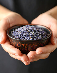 Hands Holding a Small Brown and Black Bowl with Dried Lavender.photo, aesthetic, calm, calmness, colours, elegant, healing, image, peaceful, picture, present, purple, serene, spa, visual, wellness,