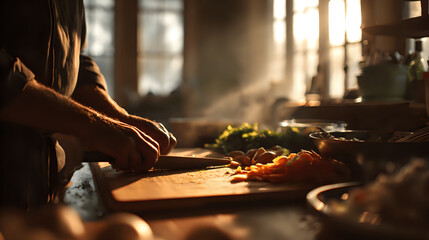 Person chopping vegetables in a sunlit kitchen