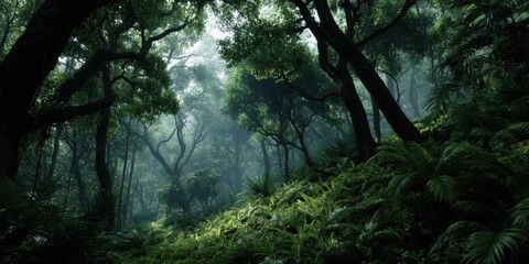 Lush Mystical Rainforest Landscape with Sunlight Streaming Through Tall Trees