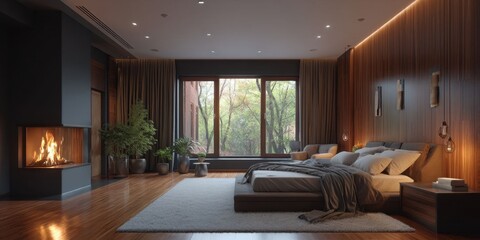 Luxury Bedroom Interior with Fireplace, Large Window, and Cozy Decor