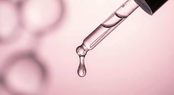 Close up of a clear liquid drop falling from a glass pipette against a soft pink blurred background - Powered by Adobe