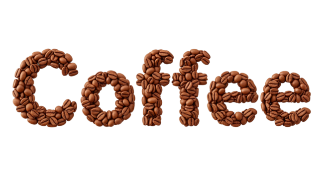 Coffee word written with coffee beans on transparent



