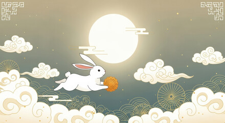 Illustration of a jade rabbit holding a mooncake and flying to the moon
