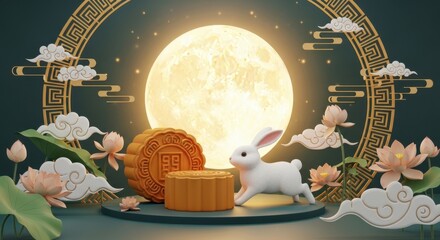 3D Chinese style full moon and jade rabbit mooncake illustration