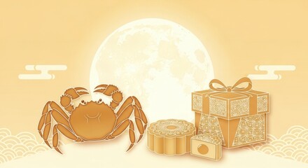 Mid-Autumn Crab Mooncake Gift Box Illustration