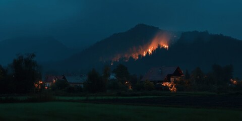 Night Mountain Forest Fire Scene with Village and Fields