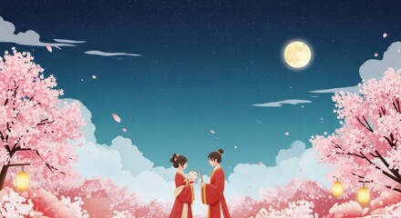 Male and female couples meeting in ancient costumes under the moon