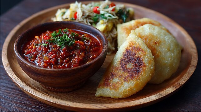 Ghanaian kenkey with pepper sauce served on wood.