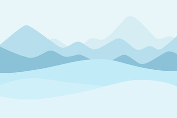 Snowy mountains, hills, snowdrifts. Winter frosty background in blue shades, flat design, vector illustration, hand-drawn. Graphic Christmas Landscape Background Element for Banner, Design, Decoration