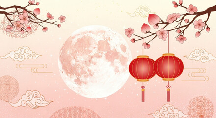 Chinese style moonlit night lantern plum blossom background