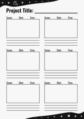 Professional film storyboard, includes 16:9 rectangular frames. Perfect for Filmmakers, Designers & Animators. Movie storyboard layout, ideal for scene planning. A4 size template for printing