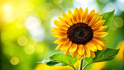 Close-up of vibrant yellow sunflower against green blurred bokeh background in bright sunlight