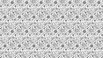 Black and white seamless pattern with planets, stars, rockets and molecules design in space theme