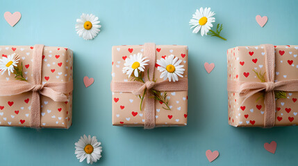 Gift boxes wrapped with heart-patterned paper topped with ribbons and daisies placed on a vertical