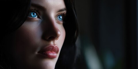 Portrait of a Woman with Blue Eyes in Artistic Lighting Against a Dark Background
