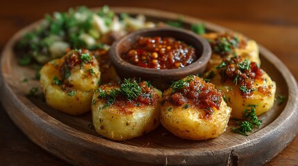 Golden baked potatoes with spicy sauce plating art