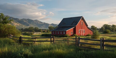 Red Barn on Peaceful Farm Landscape with Wooden Fence and Green Grass at Sunset