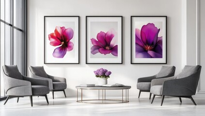 Modern waiting area with three framed flower prints